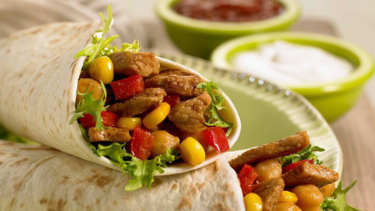 smoky pork corn and chickpea fajitas